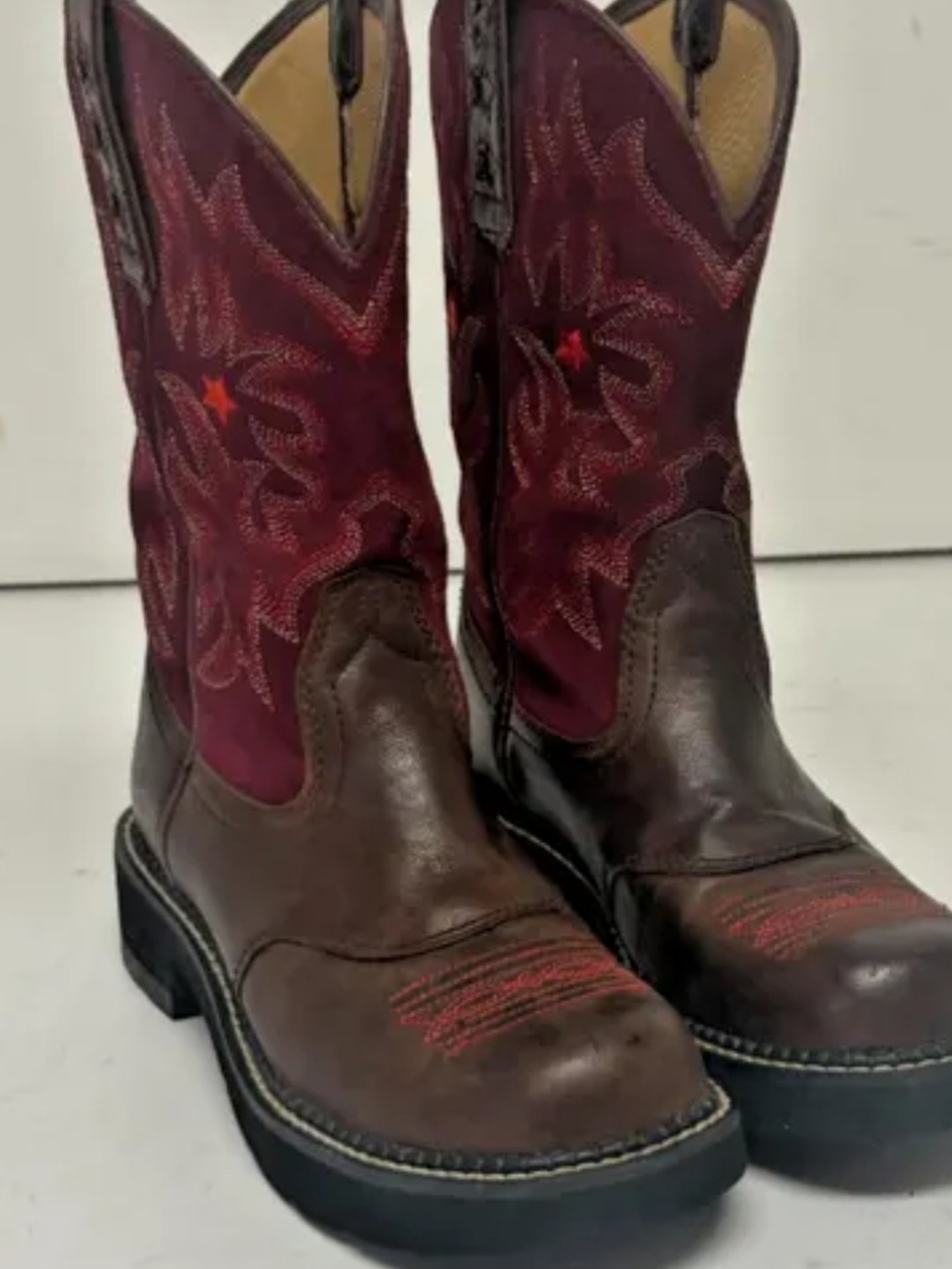 Ariat Brown Leather & Burgundy Pull-On Western Work Boots